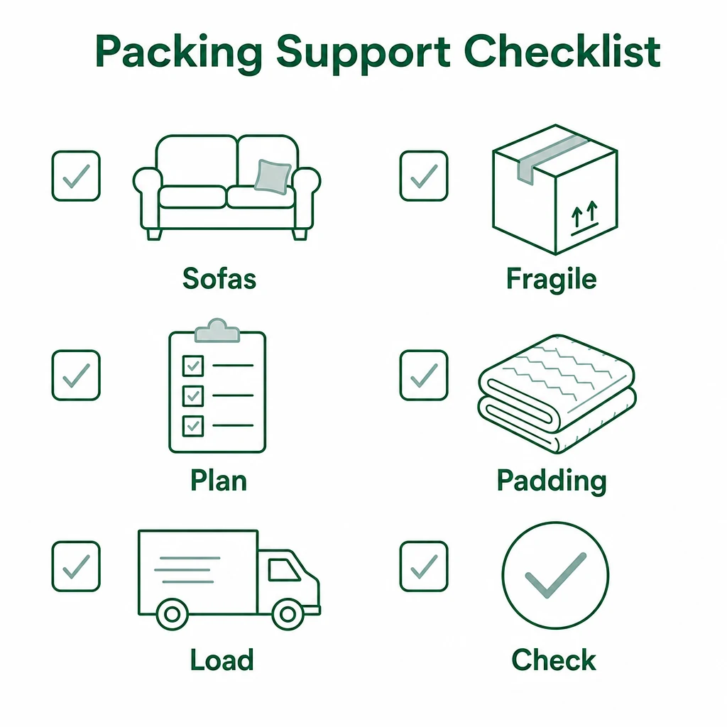 Checklist graphic for packing support covering sofas, fragile items, planning, padding, loading and checking.