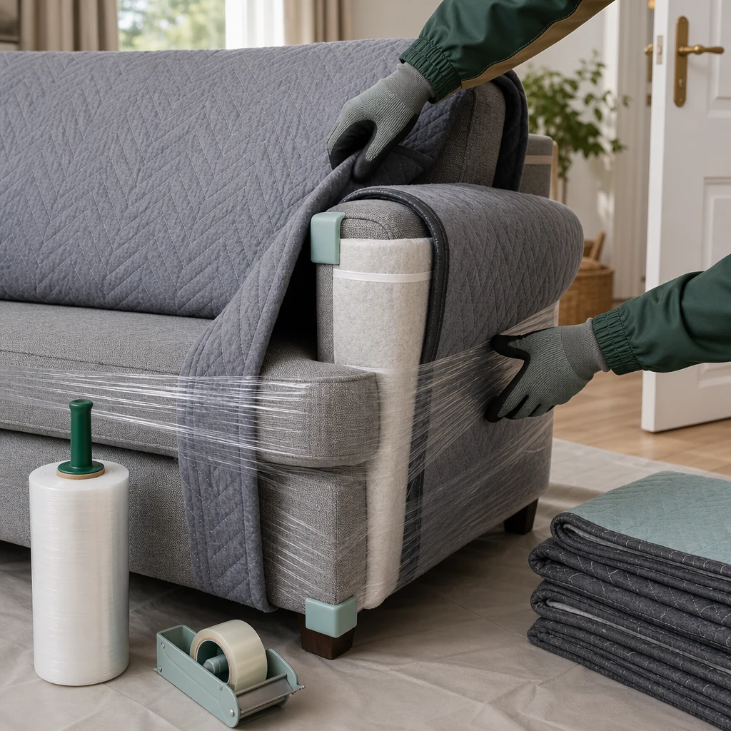 Gloved hands securing protective blankets around a grey sofa before a house move.