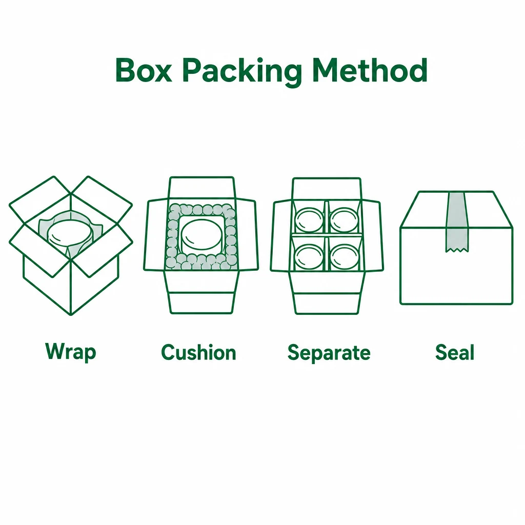 Graphic showing the box packing steps: wrap, cushion, separate and seal.