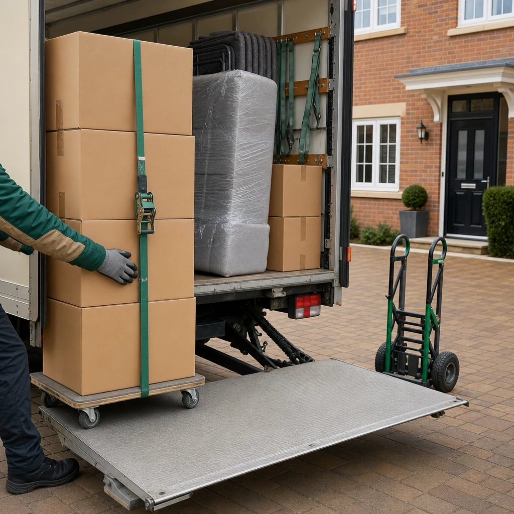 Packed boxes and a wrapped sofa section being carefully positioned on a moving truck tail lift.