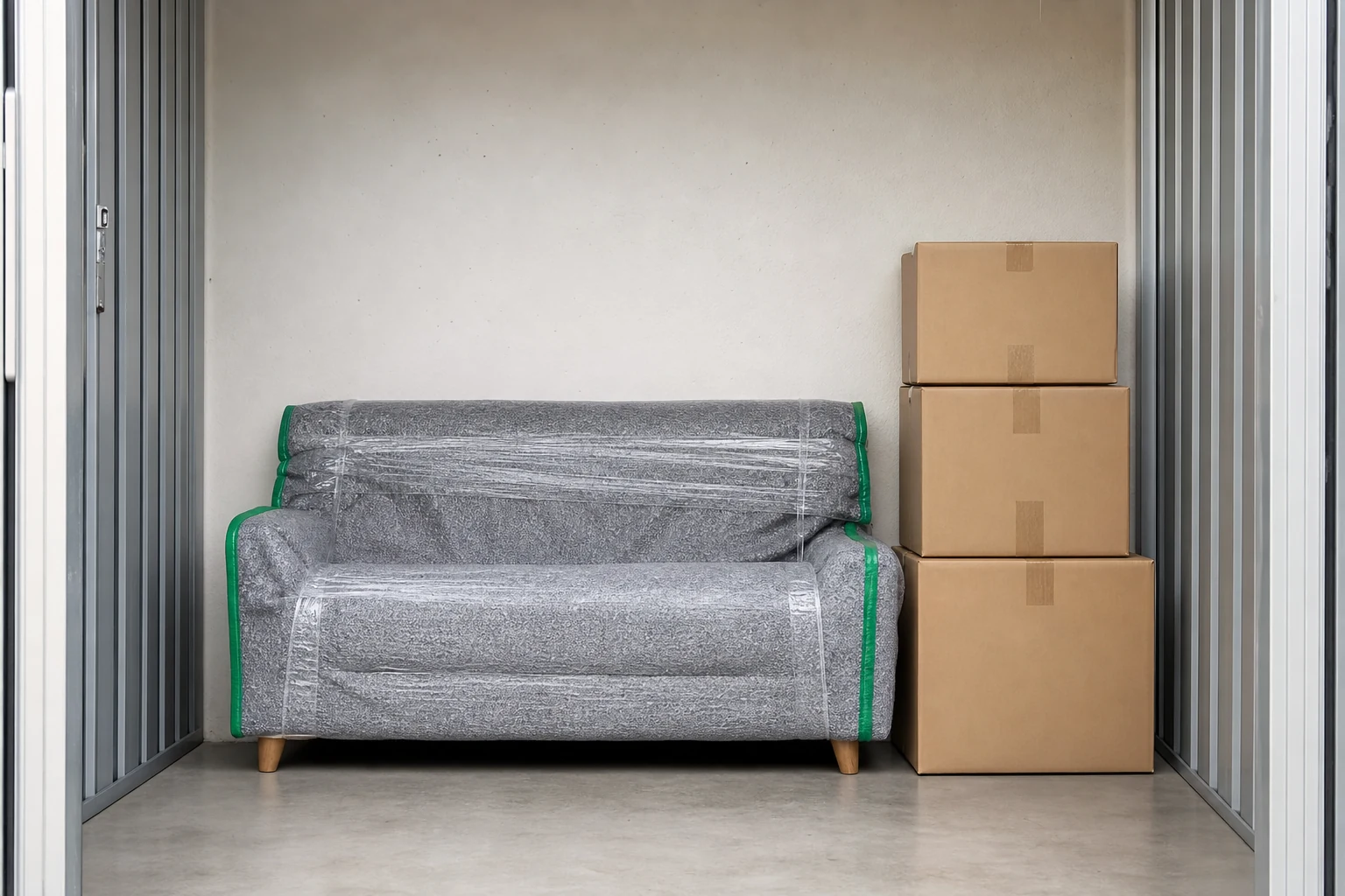 Clean storage bay with a wrapped sofa and neatly arranged boxes.