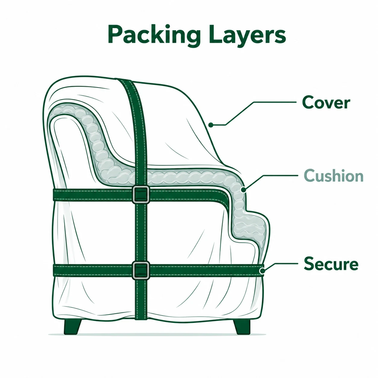Graphic showing cover, cushion and secure packing layers around furniture.