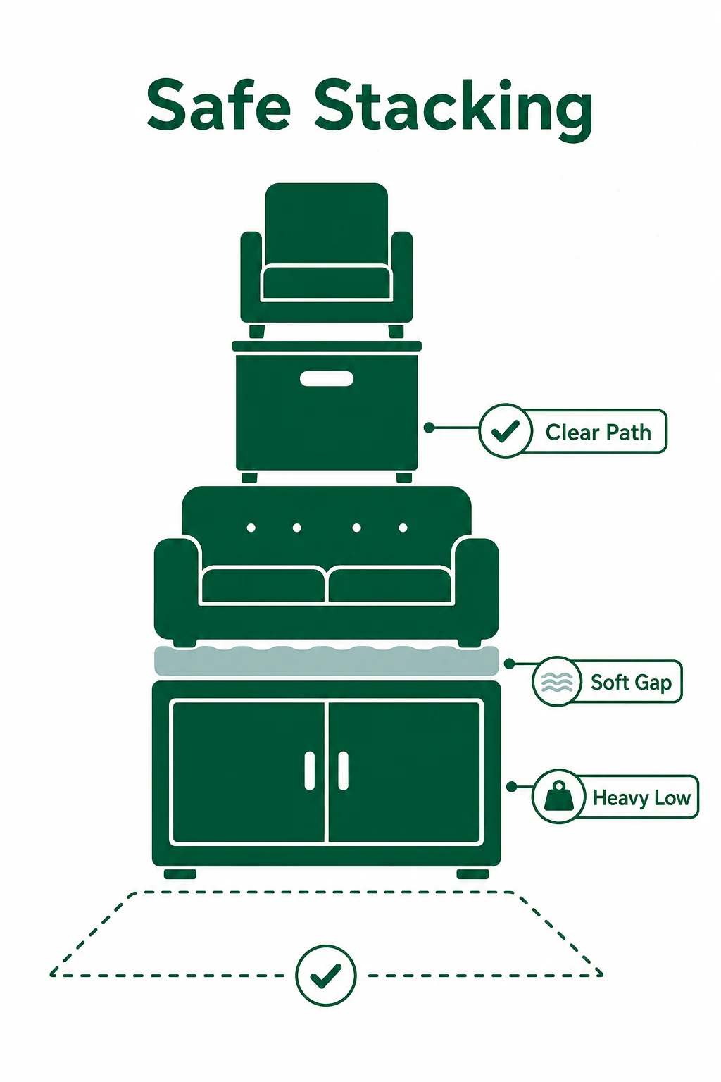 Graphic showing heavy items low, soft gaps and a clear path for safe stacking.