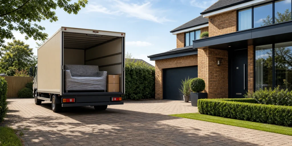 Wrapped sofa ready for safe storage beside a beige moving truck at a modern UK home.