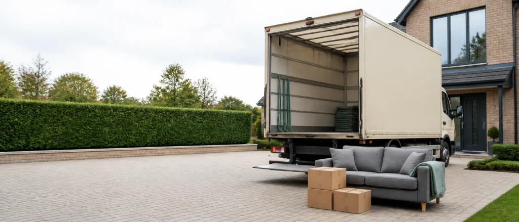 Beige removal truck ready for safe loading outside a modern UK home