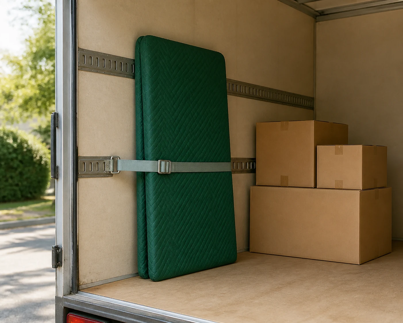 Wrapped fragile item secured neatly inside a removal truck