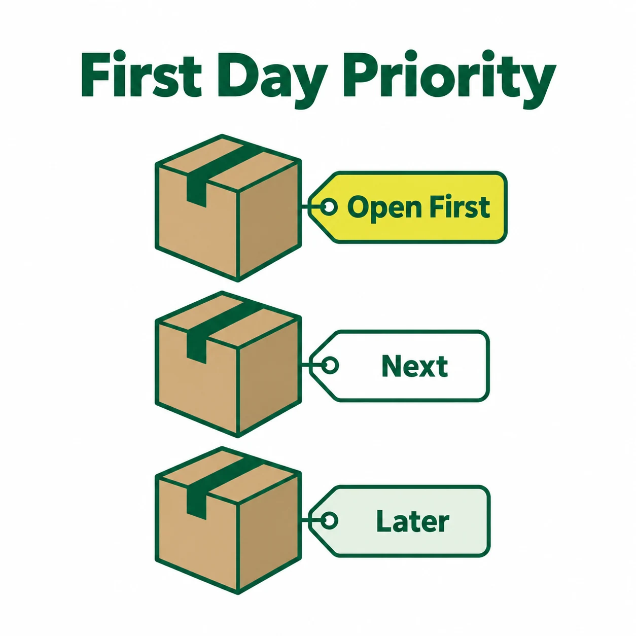 Priority labels sorting moving boxes into open first, next and later.